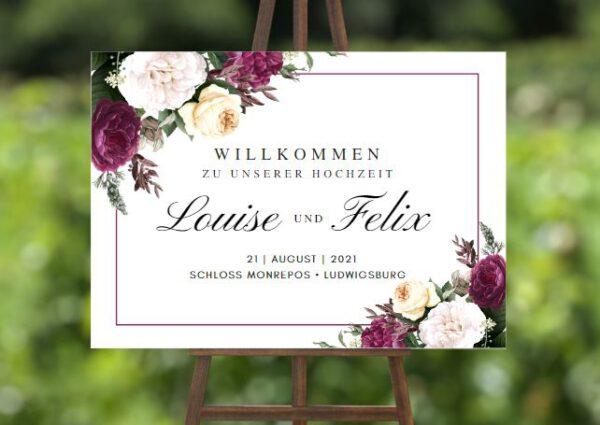 www.mylouise-hochzeitsshop.de Willkommensschild zur Hochzeit Burgundy Herbstmotiv