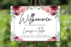 www.mylouise-hochzeitsshop.de Willkommensschild zur Hochzeit Rosen