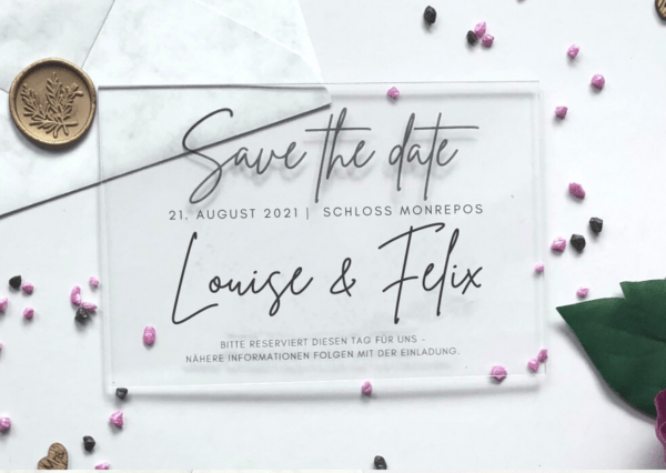 MyLouise Hochzeitsshop Save the Date Karte aus Acryl zur Hochzeit