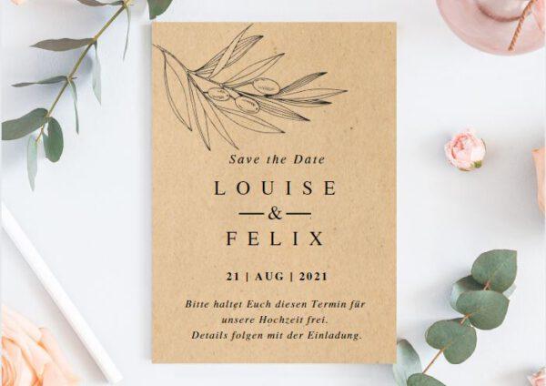 www.mylouise-hochzeitsshop.de Save the Date Karte Kraftpapier braun