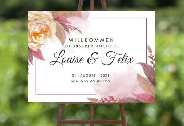 www.mylouise-hochzeitsshop.de Willkommensschild zur Hochzeit Rankenmotiv