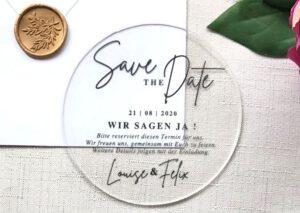 www.mylouise-hochzeitsshop.de Acrylglas Hochzeit Save the Date Karte aus Acryl