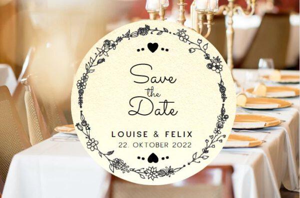 www.mylouise-hochzeitsshop.de Bierdeckel Hochzeit Save the Date Bierdeckel