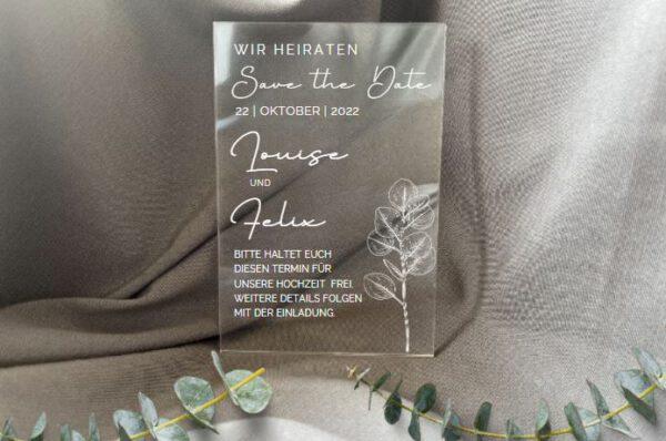 www.mylouise-hochzeitsshop.de Save the Date Acryl Karte Hochzeitseinladung Acryl