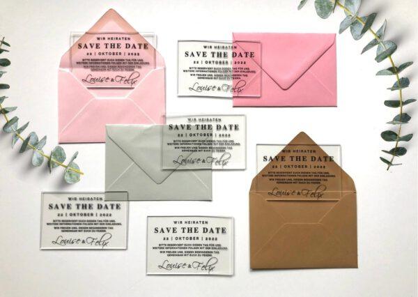 www.mylouise-hochzeitsshop.de Save the Date Karte aus Acryl Hochzeit